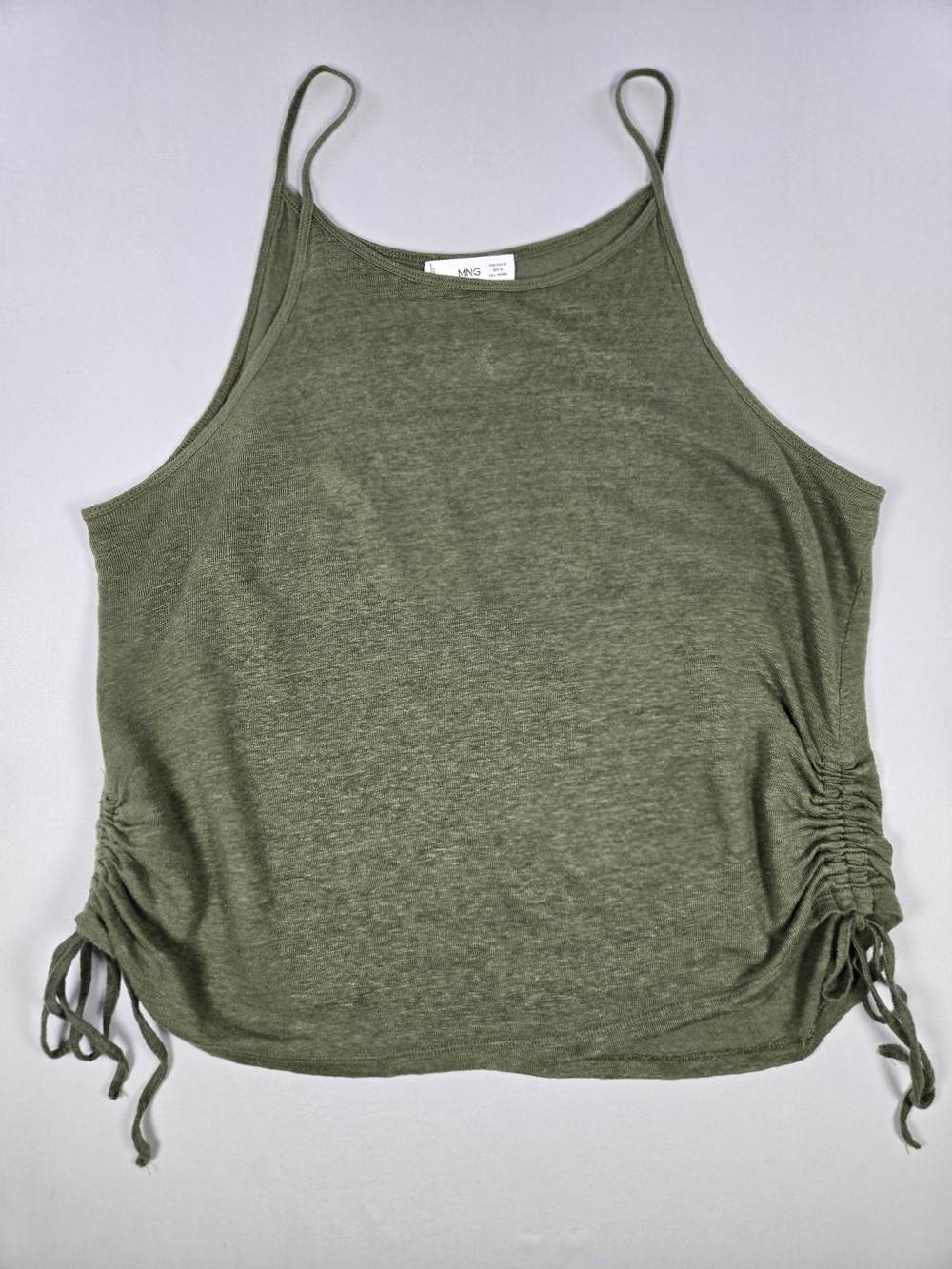 MANGO MNG Olive Green Flecked Linen Blend Ruched Side Drawstring Tank Top M